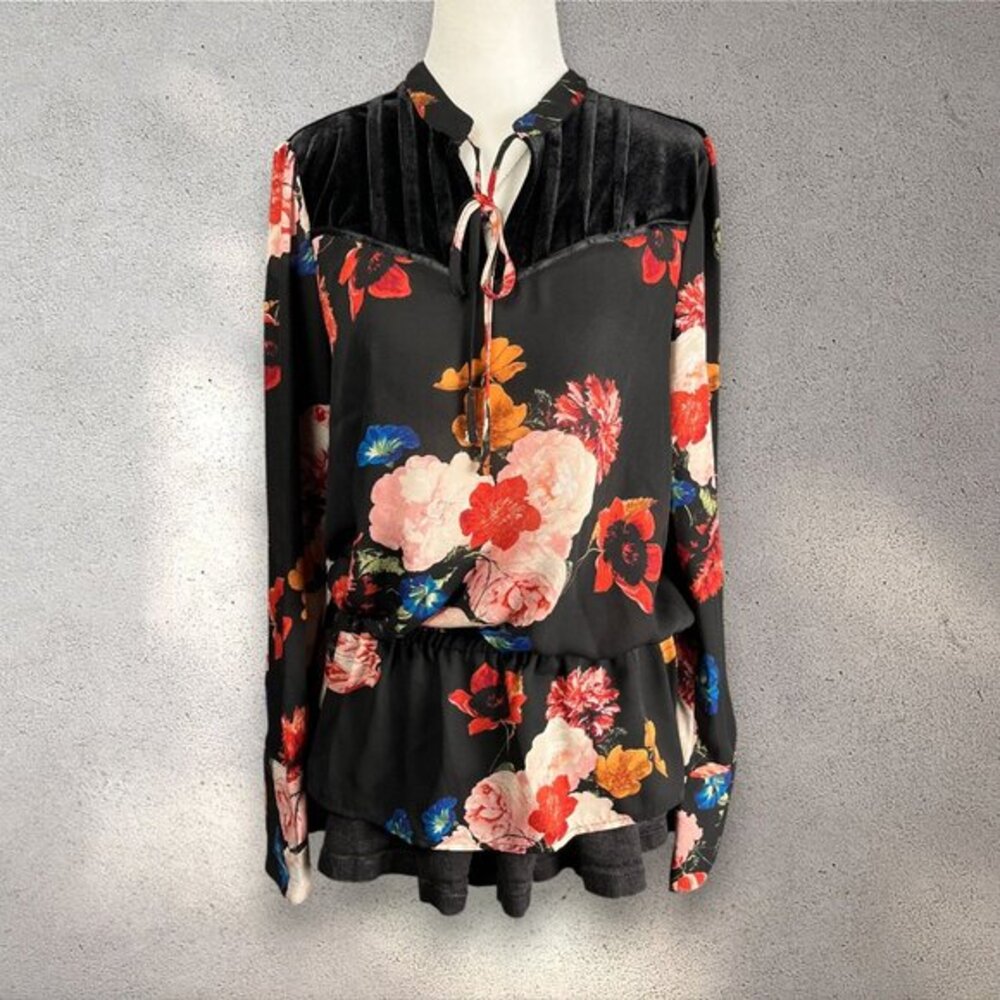Worthington Floral Velvet Yoke Blouse Women’s L Multi Bell Sleeve Chic Romantic - Picture 1 of 9